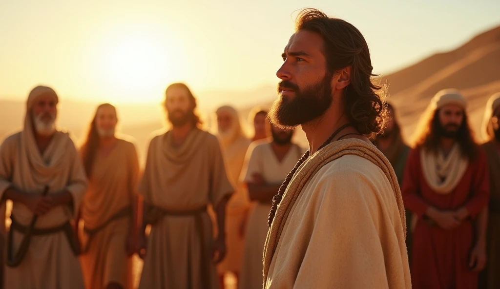 Moses in a leadership position, looking at the Hebrew people with an expression of determination. The background shows the desert, and the sunlight illuminates your face, evoking confidence and strength. 