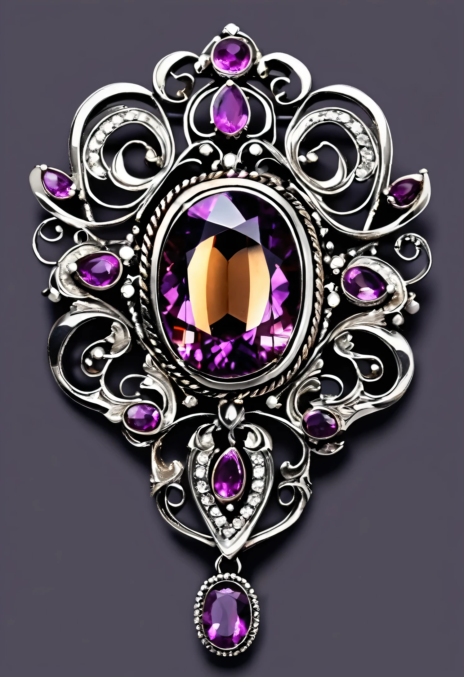 silver brooch with amethyst on white background , jewelry antique art, fashion art