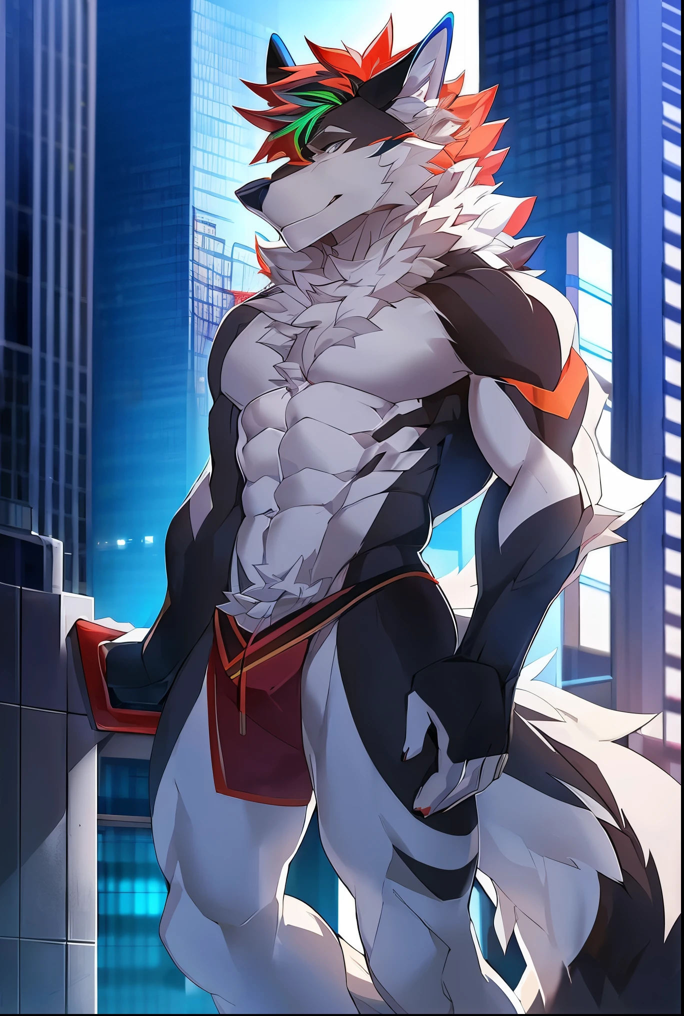 ((Solo)), male people, anthro wolf, (Multi-colored fur, White tail pointed), (Height 3meters,Tail length 2meters), Abs, pinginuscular, A long big tail, by patto, modern city