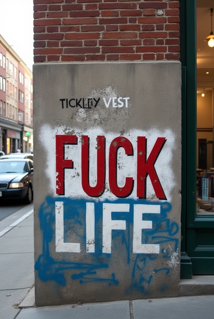 "A street wall that says FUCK LIFE."