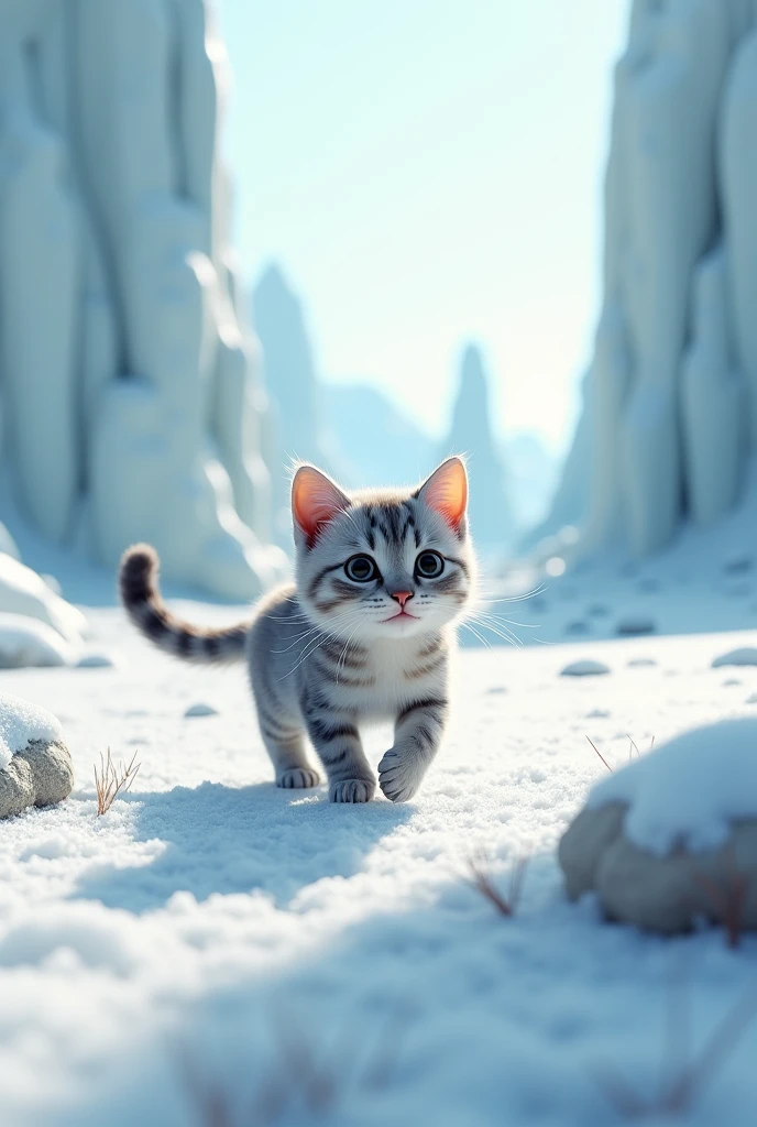 A cat surprised moving in a frozen world 