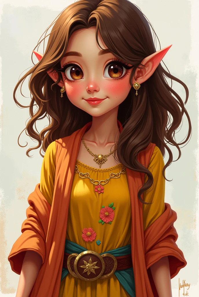 Make a Halfling character with wavy brown hair, brown eyes and simple clothes with bright colors and woman
