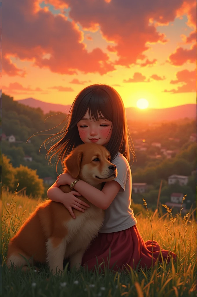 A girl from Afolden with her dog watching a sunset, hugging each other 