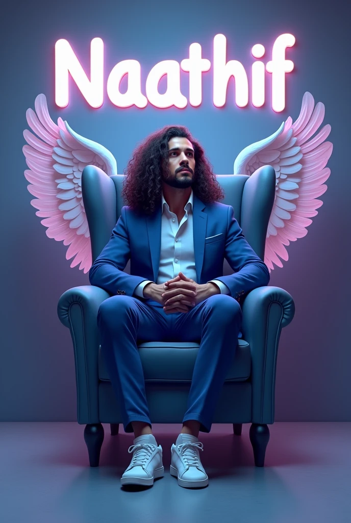 Create a 3D illustration for a profile picture where a 38 year old “Man”,With a long curly hair, in a blue suit, casually on a wings back chair, wearing sneakers a white, she looks ahead, the background features “Naathif” in big and capital letters White neon light fronts on the back wall, there should not be his shadow and there are wings to make it appear as if he is angel.