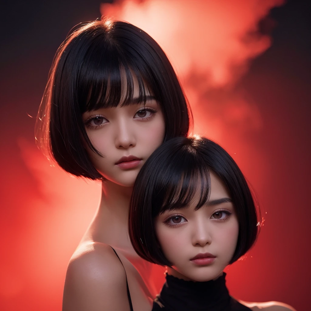 Delicate and dainty young woman with shiny bob-cut black hair . She is wearing bright red. The background is a fantastic and ethereal night sky that seems to be haunted by a specter. Her expression is stern and atmospheric. Angle from directly below. face closeup