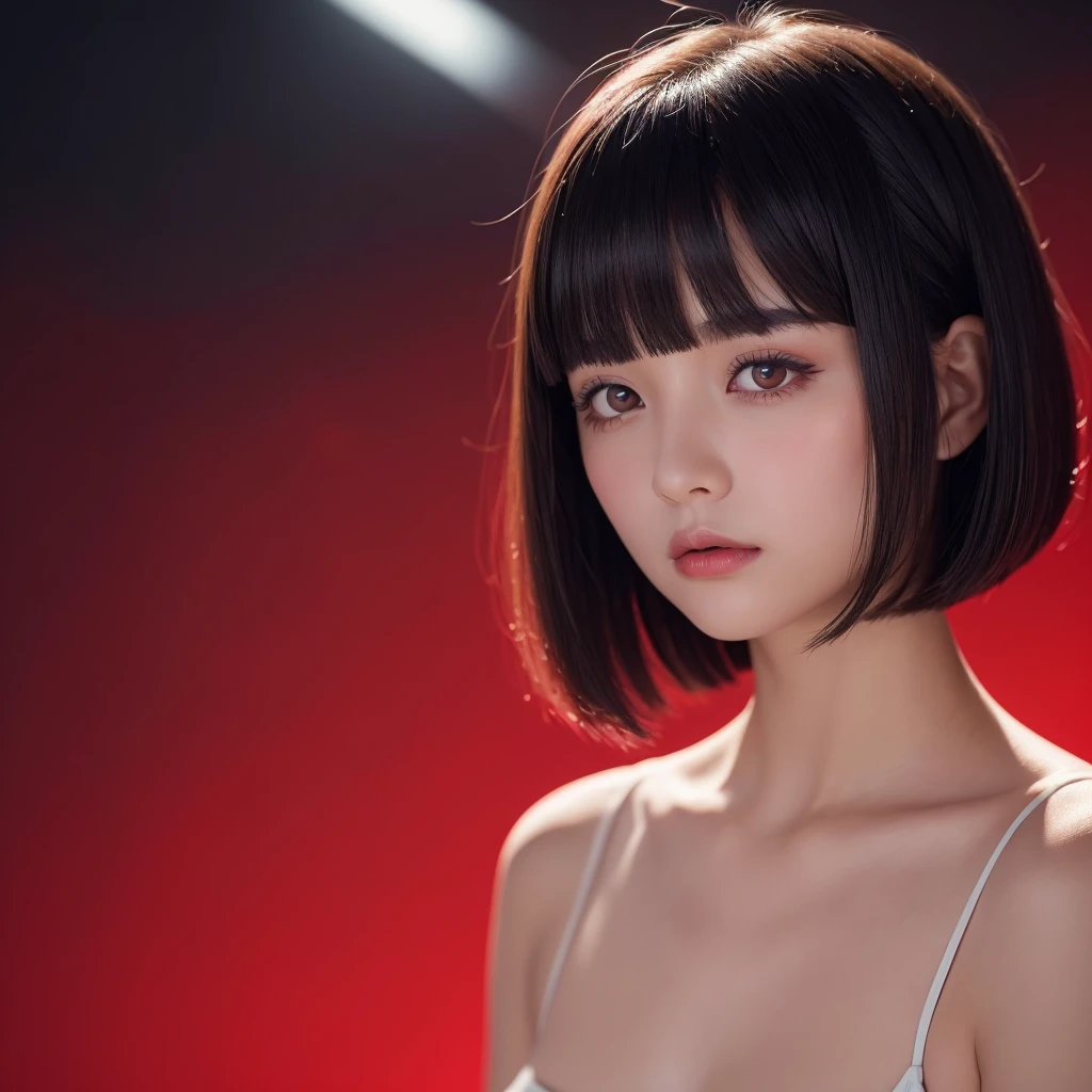 Delicate and dainty young woman with shiny bob-cut black hair . She is wearing bright red. The background is a fantastic and ethereal night sky that seems to be haunted by a specter. Her expression is stern and atmospheric. Angle from directly below. face closeup