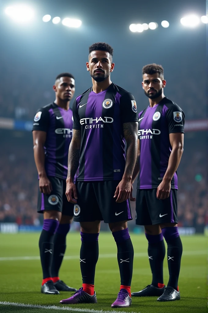 Manchester City's team uniform, which is black and purple, and in the middle of the uniform, x is written as a sponsor.vision