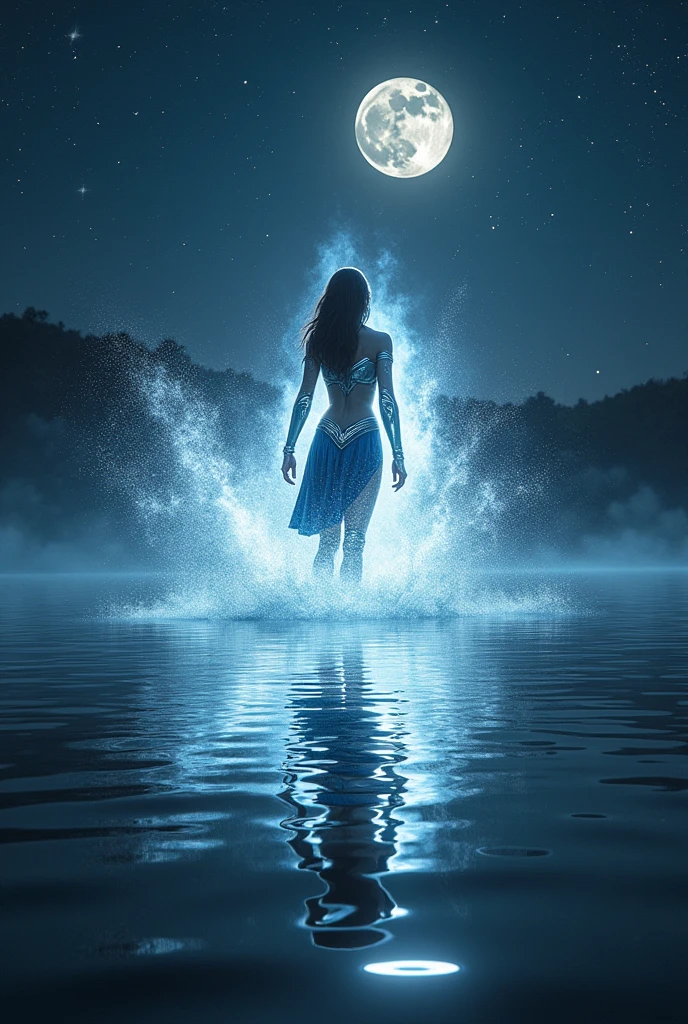 Diana in the middle of a calm lake, the surface of the water shining with reflections of moonlight. The sky is covered with twinkling stars, creating a beautiful contrast with the darkness of the night. When Diana uses her ultimate ability, dives into the shadows and emerges in an explosion of light and power, with his shining armor shining in the moonlight. Lunar energy surrounds his figure as he launches his attack., and the lake seems illuminated by a soft silver glow. 
