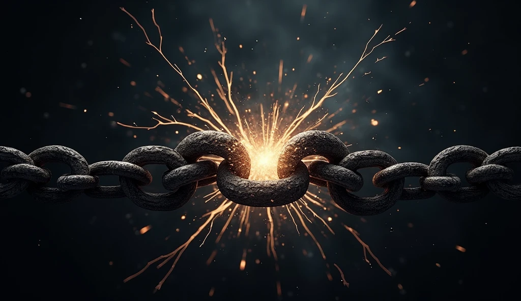 A symbolic image of chains breaking, representing the liberation of the Hebrews. The background is dark, but the currents are illuminated, symbolizing hope and freedom.  