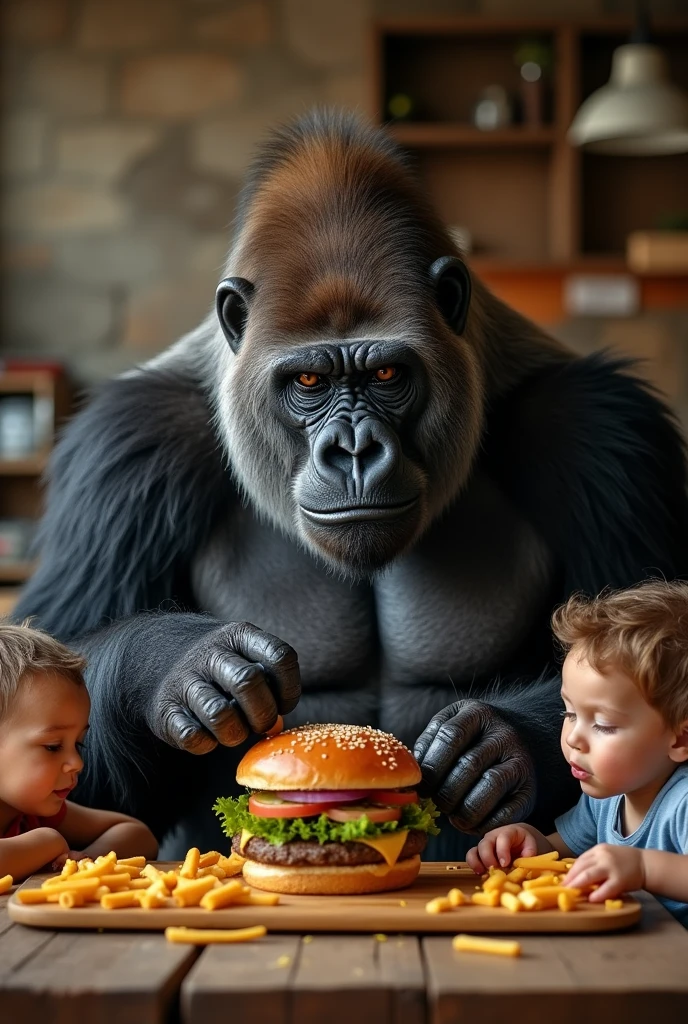 Father gorilla with his children sitting at the table eating hamburger