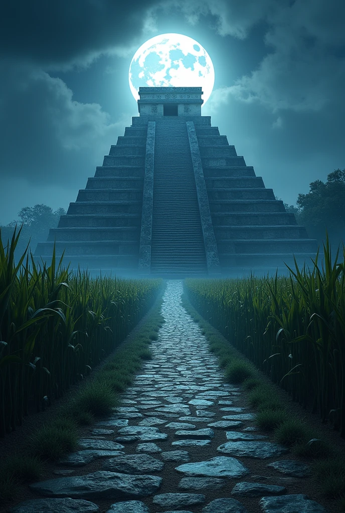 Mayapan Pyramid central path and corn field Full moon