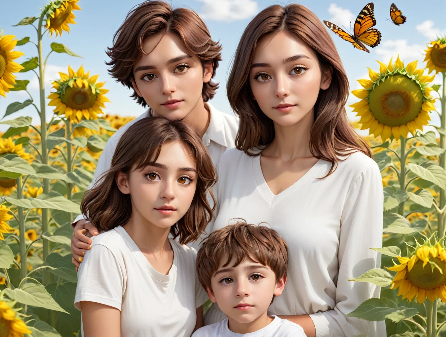 An image of a woman with brown hair and brown eyes with a 16 year old son and a 25 year old son all wearing white clothes, a scene of sunflowers and butterflies.