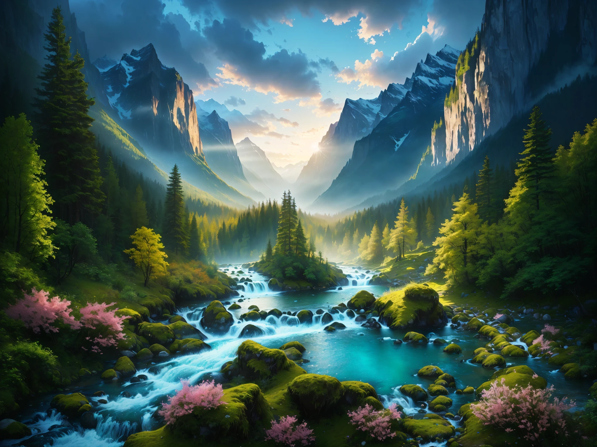 a painting of a mountain stream running through a lush green forest, majestic nature scenery, epic beautiful landscape, magical landscape, beautiful art uhd 8k, 8k hd matte digital painting, nature wallpaper, nature scenery, dream scenery art, dreamy landscape, breathtaking landscape, amazing landscape, very beautiful scenery, 8k highly detailed digital art, fantasy art landscape, impressive fantasy landscape