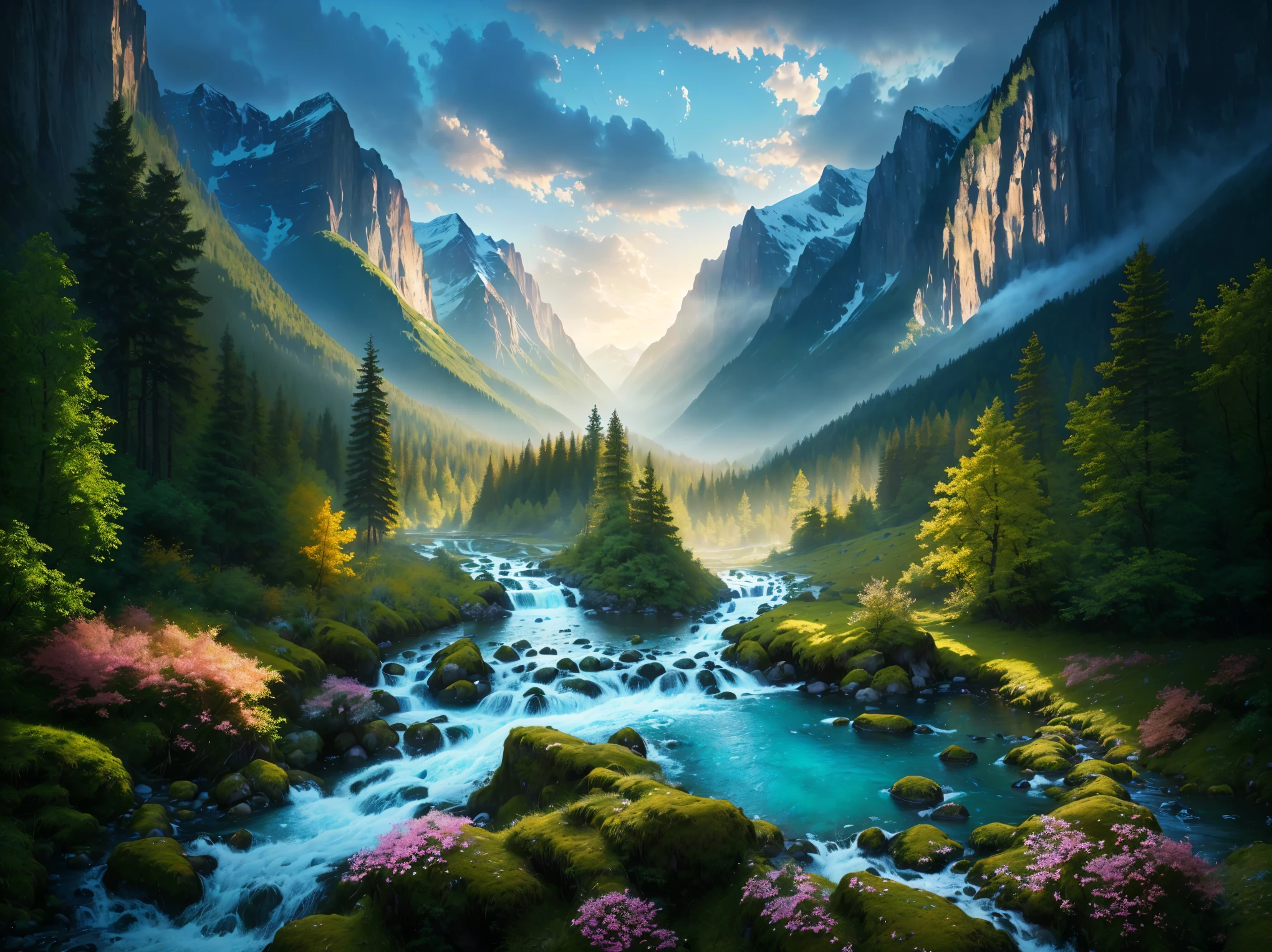 a painting of a mountain stream running through a lush green forest, majestic nature scenery, epic beautiful landscape, magical landscape, beautiful art uhd 8k, 8k hd matte digital painting, nature wallpaper, nature scenery, dream scenery art, dreamy landscape, breathtaking landscape, amazing landscape, very beautiful scenery, 8k highly detailed digital art, fantasy art landscape, impressive fantasy landscape