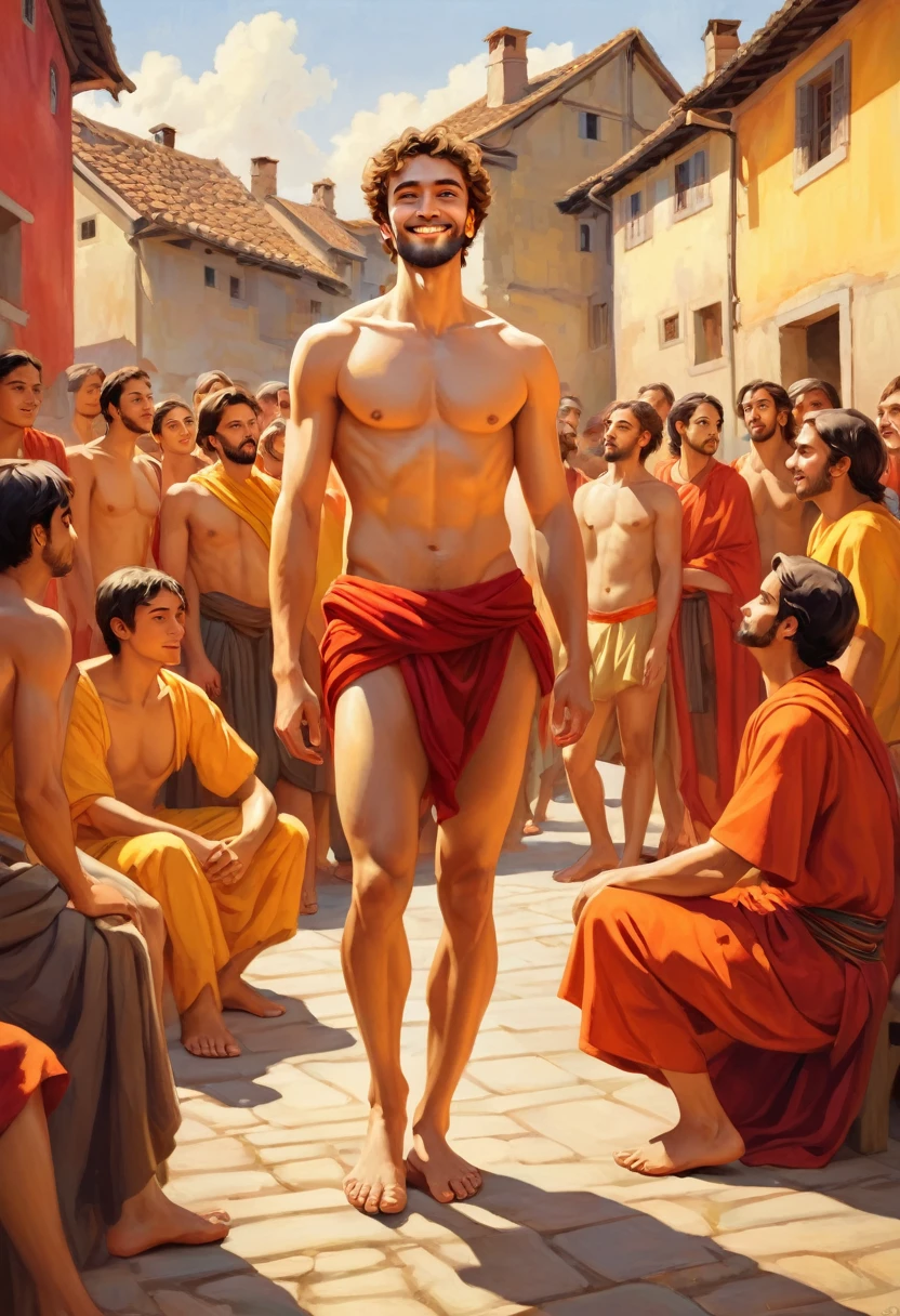 illustration that evoke stoicism men from 25 years old, shirtless, barefoot, strong, slim body The Community Style: Renaissance, with human figures in the foreground and a strong sense of perspective. Color palette: Warm and inviting tones (red, orange, yellow) to convey unity and camaraderie. Expression: Open and welcoming gestures, a gaze that scans the audience. A warm and confident smile. Setting: A village square, surrounded by traditional houses. People of all ages lis
