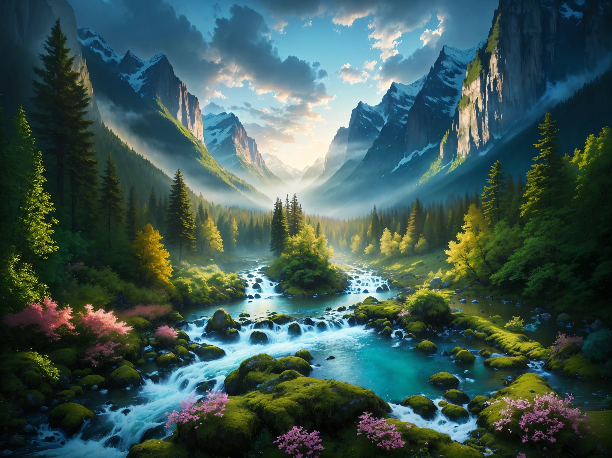 a painting of a mountain stream running through a lush green forest, majestic nature scenery, epic beautiful landscape, magical landscape, beautiful art uhd 8k, 8k hd matte digital painting, nature wallpaper, nature scenery, dream scenery art, dreamy landscape, breathtaking landscape, amazing landscape, very beautiful scenery, 8k highly detailed digital art, fantasy art landscape, impressive fantasy landscape