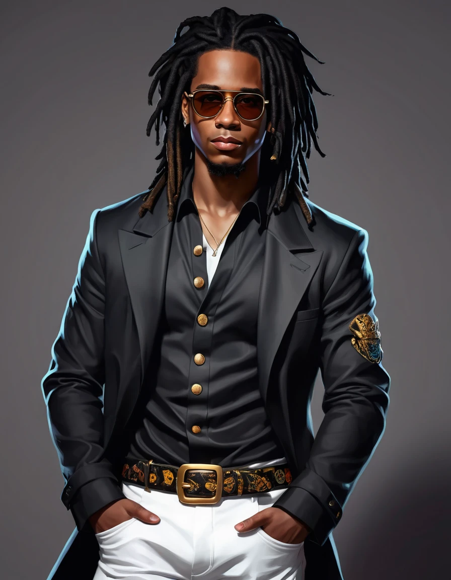 Dark-skinned young man with brown eyes and a black jacket., Black dreadlocks, Black glasses, Hairstyle with dreadlocks, in human style, colorful sketch, unrealistic character concept, Conceptual portrait of my character, подробный character portrait, anime style character, anime style portrait, character portrait, cel - shaded art style, His outfit consists of black, unbuttoned jacket with gold buttons on the front and bottom of the sleeves, he wears a white V-neck shirt., White pants, large black belt with gold buckle, smaller black belt, hanging from the side of her hip, and he's wearing beige shoes with black buckles, вдохновение King of Fighters potrait