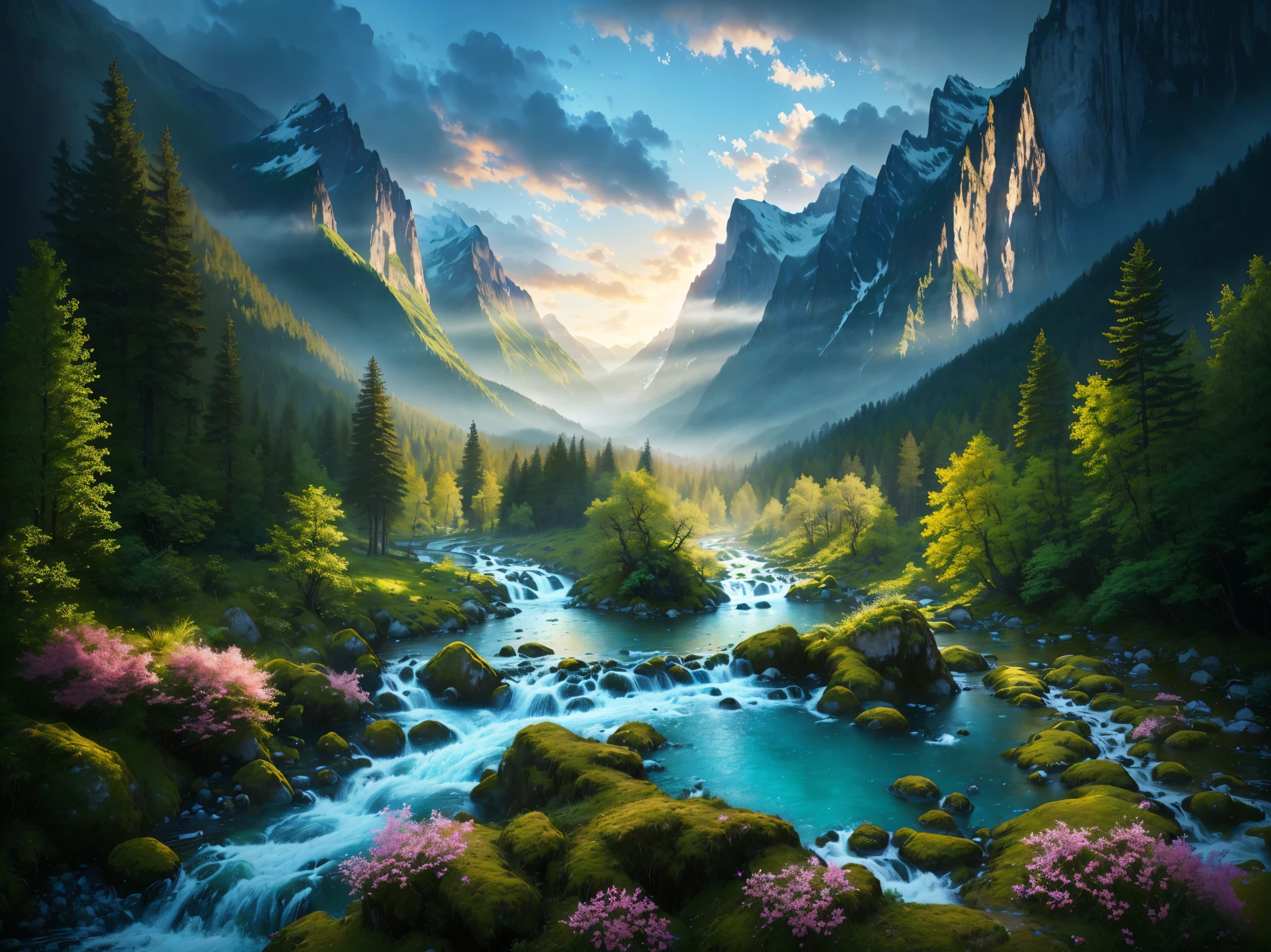 a painting of a mountain stream running through a lush green forest, majestic nature scenery, epic beautiful landscape, magical landscape, beautiful art uhd 8k, 8k hd matte digital painting, nature wallpaper, nature scenery, dream scenery art, dreamy landscape, breathtaking landscape, amazing landscape, very beautiful scenery, 8k highly detailed digital art, fantasy art landscape, impressive fantasy landscape