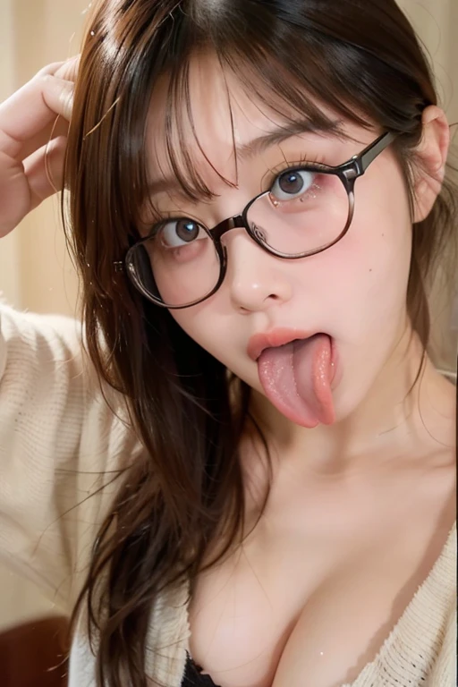 woman, beautiful girl, 、 Baby Face, Realistic skin of the highest quality, Eyes are focused, 20-year-old, Sticking out tongue, Focus on the mouth, Open your mouth, Long Tongue, saliva, Open your mouth , You can see inside the mouth, Open your mouth Sticking out tongue, Realistic tongue、Provocative eyes、look up、attractive、Wearing glasses、