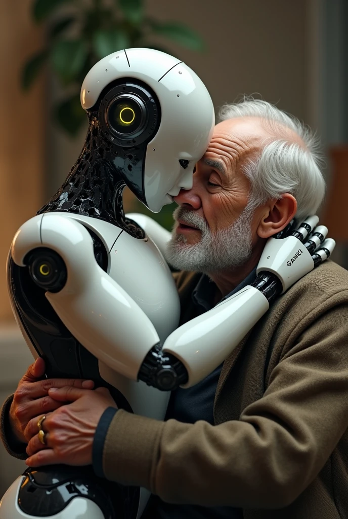 Robot that looks like it's 24 years old hugging an elderly man