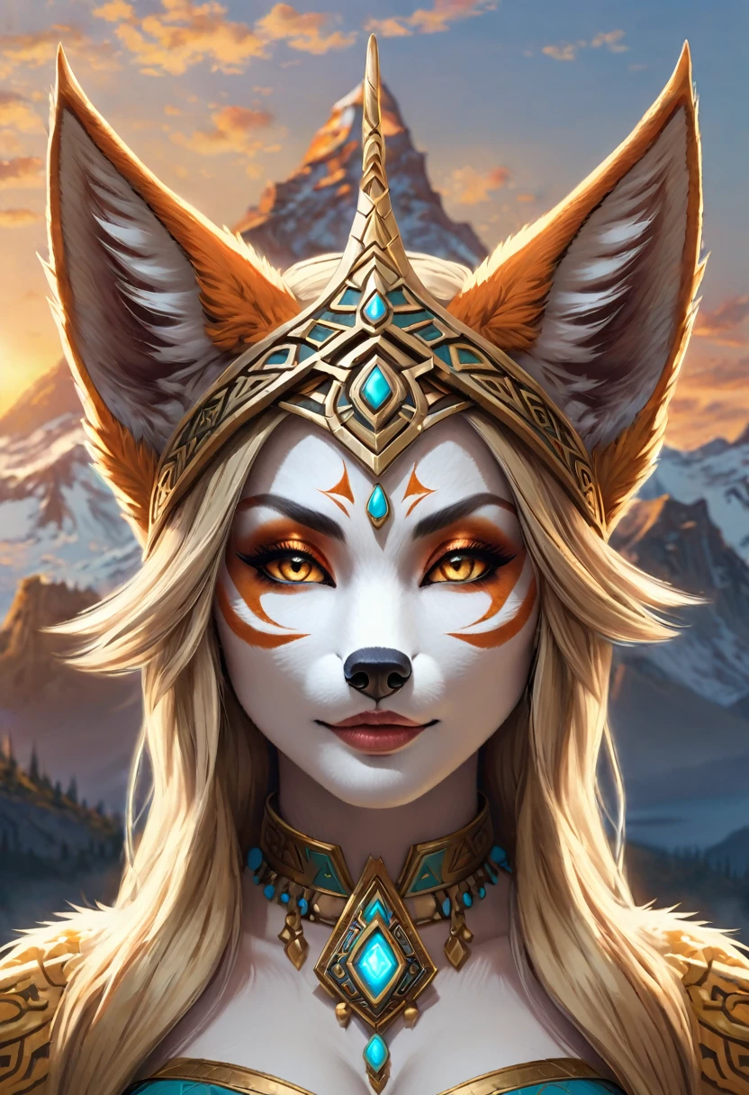 Anthropomorphic feminine kitsune enchantress. Official Art – An Award-Winning Digital Masterpiece In 4K Ultra HD, Extreme Detail And Intricate Realism. Symmetrical Face. This Concept Art Brought To Life By The Hands Of Artists Like Wlop & Artgerm In A Stunning 2D Vector Illustration. Breath of the wild. Background Is A Panoramic Vista.