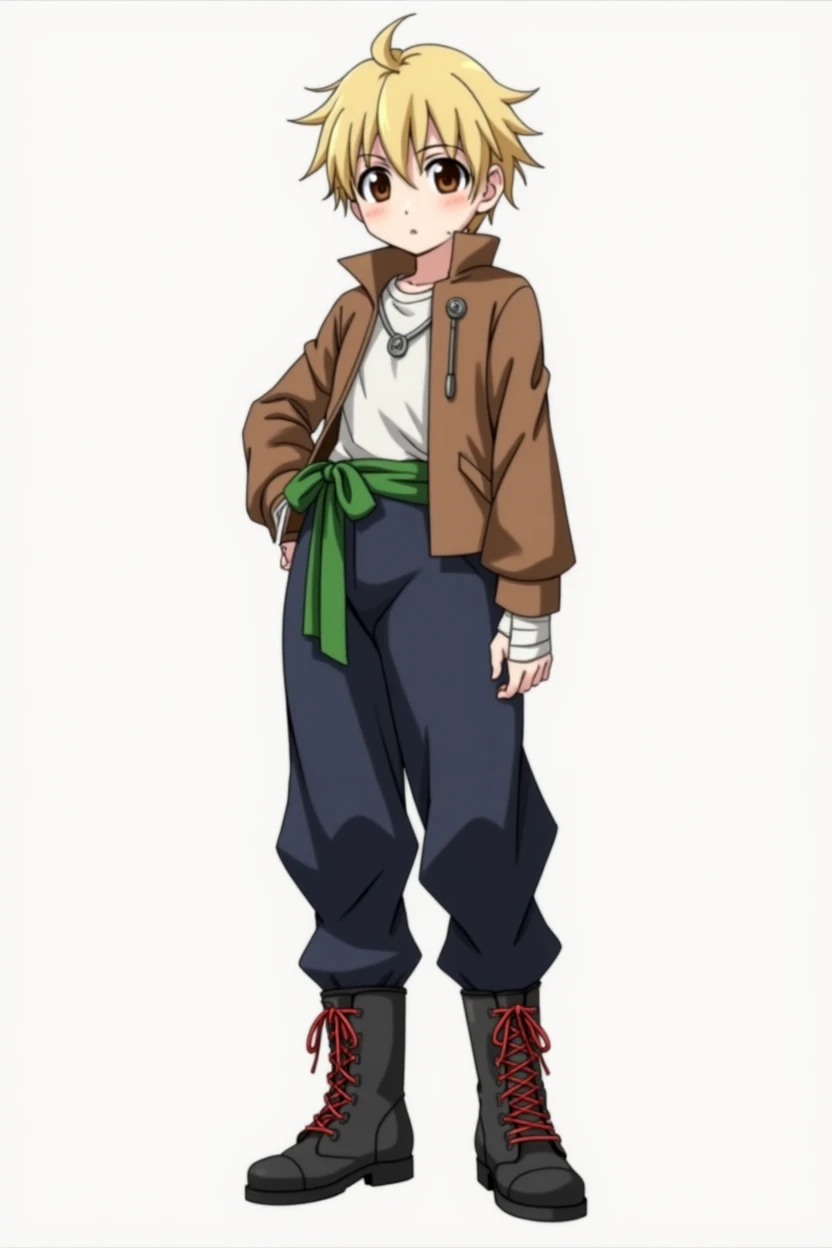 child, masculine, Whole body, Skinny body, short blonde hair, brown eyes, dark blue pants, black boots with red laces, green ribbon on her hip, silver necklace, brown jacket, bandages on his arms and hands, hunter x hunter, anime, 4k, White background