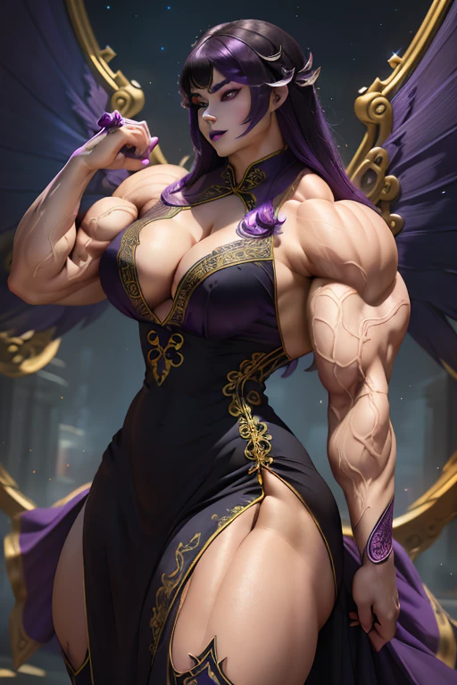 (Close view), tall, (violet purple hair), muscular woman, long hair with long bangs, pale white skinned, closed smile, (black lipstick), ((massive muscles)), (hyper muscle), ((ginormous bulky muscles)), ((glowing black eyes)), (((sparkling violet cheongsam dress embroidered with intricate designs))), (giant angel wings), gauntlets, choker, thigh high boots, (in the Sky)