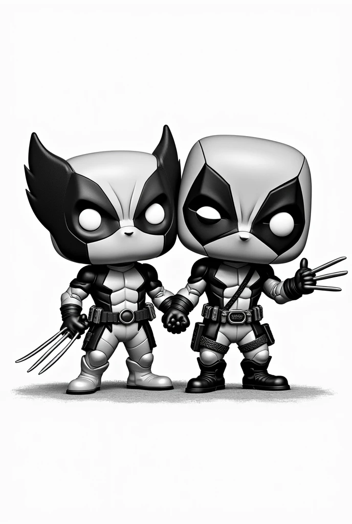 The image features a Wolverine and Deadpool character together in Funko Pop style. (in strokes, no shadings), Rounded head with full mask covering the face, There must be an empty white background, no shading, with open space between the lines.. IN BLACK AND WHITE THE TWO HAVE TO BE BY EACH OTHER&#39;S SIDE AS FRIENDS TOGETHER