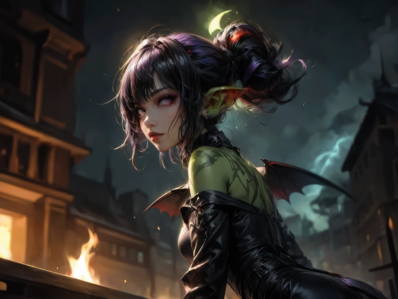anime - style image of a woman dressed as a demon in a city, extremely detailed artgerm, artgerm detailed, artgerm lau, style artgerm, artgerm portrait, artgerm style, in the style artgerm, artgerm and wlop, style of artgerm, by ruan jia and stanley artgerm