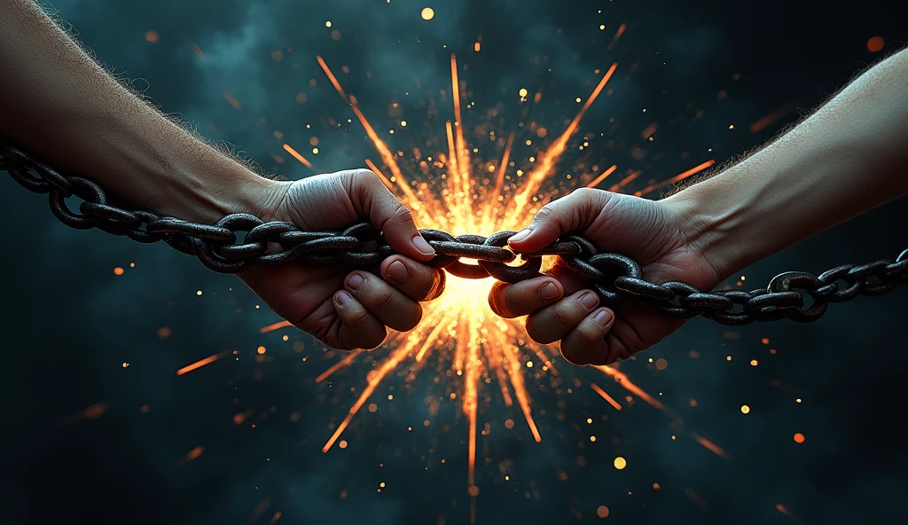 A symbolic image of chains breaking, representing the liberation of the Hebrews. The background is dark, but the currents are illuminated, symbolizing hope and freedom.