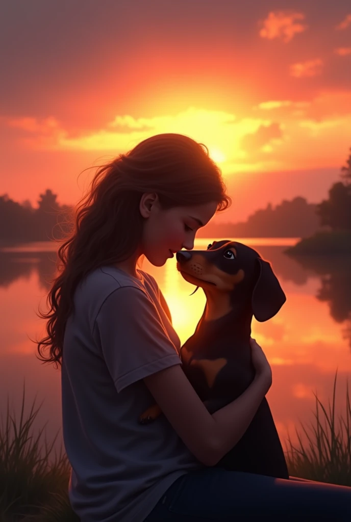 The silhouette of a teenage girl with her dachshund watching a sunset hugging each other 
