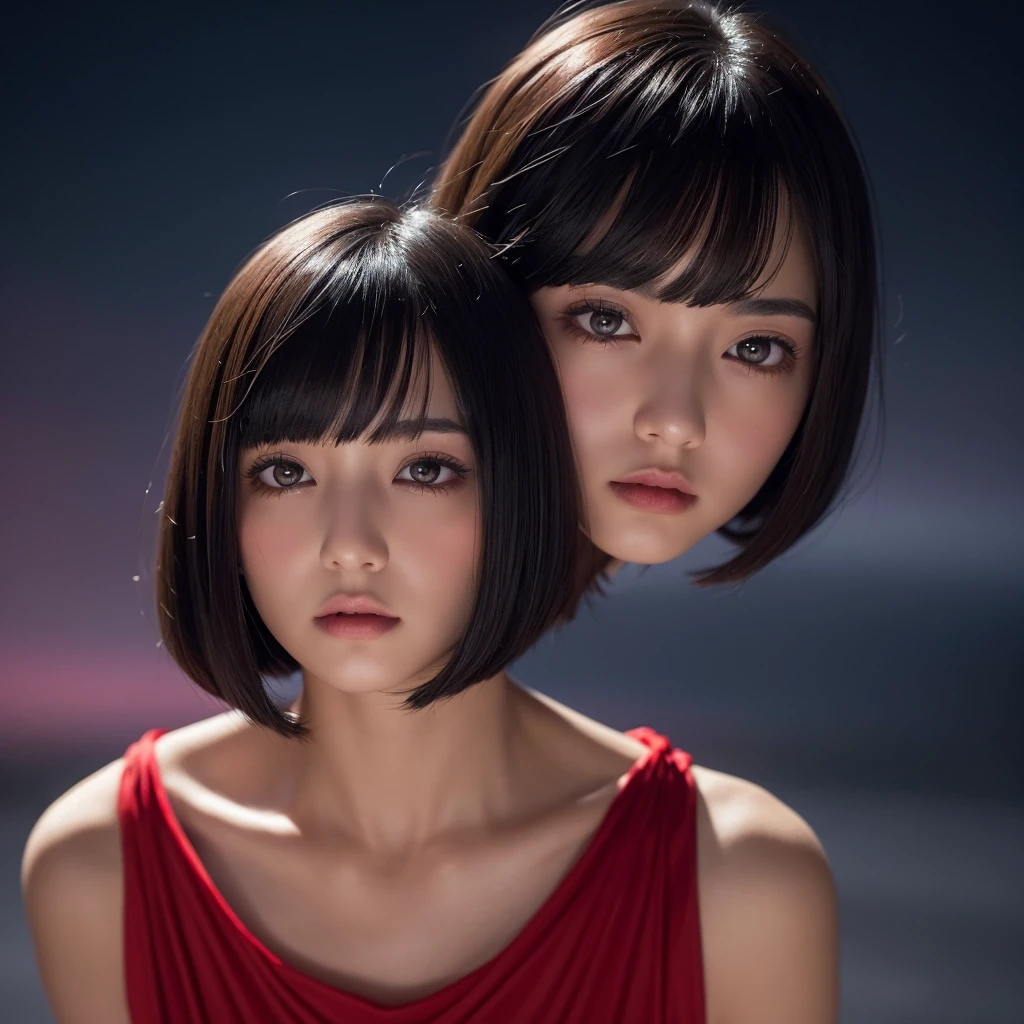 Delicate and dainty young woman with shiny bob-cut black hair . She is wearing bright red. The background is a fantastic and ethereal night sky that seems to be haunted by a specter. Her expression is stern and atmospheric. Angle from directly below. face closeup