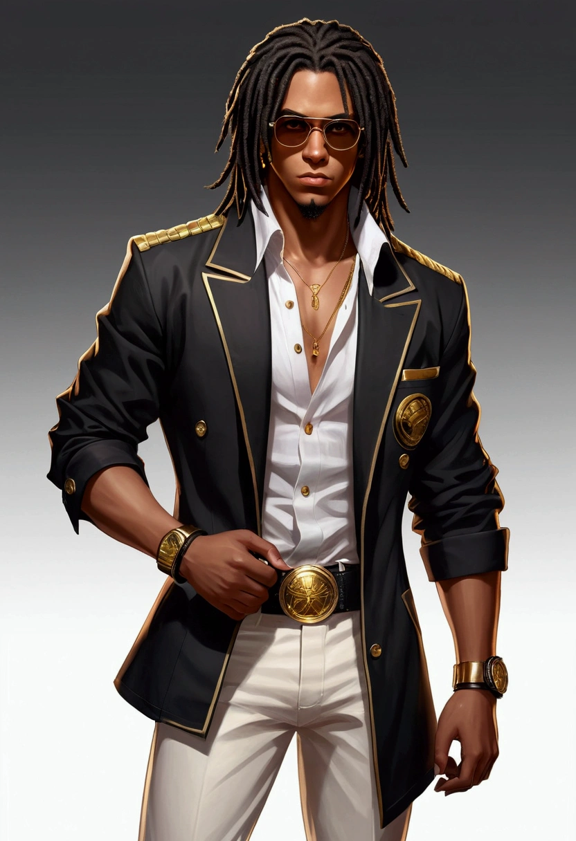 Dark-skinned young man with brown eyes and a black jacket., Black dreadlocks, Black glasses, Hairstyle with dreadlocks, in human style, colorful sketch, unrealistic character concept, Conceptual portrait of my character, подробный character portrait, anime style character, anime style portrait, character portrait, cel - shaded art style, His outfit consists of black, unbuttoned jacket with gold buttons on the front and bottom of the sleeves, he wears a white V-neck shirt., White pants, large black belt with gold buckle, smaller black belt, hanging from the side of her hip, and he's wearing beige shoes with black buckles, вдохновение King of Fighters potrait