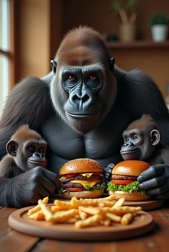 Father gorilla with his gorilla children sitting at the table eating hamburgers happily