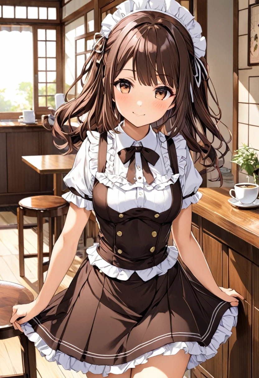 ((cofee-kizoku, anmi, tadano yukiko)), brown hair, maid bikinis, short hair, wavy hair, shy smile, blush, middle breasts, simple background, best quality, ultra-detailed, long hair, alternative hair style, full body