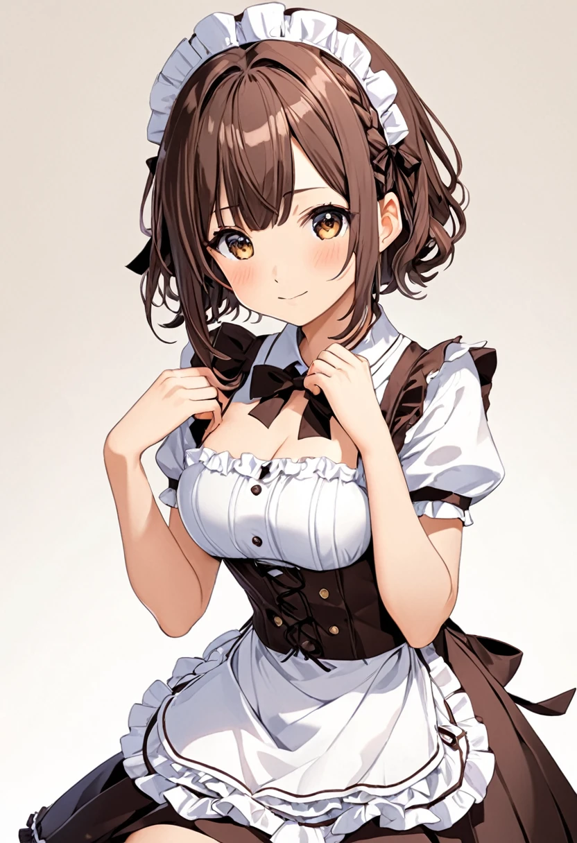 ((cofee-kizoku, anmi, tadano yukiko)), brown hair, maid bikinis, short hair, wavy hair, shy smile, blush, middle breasts, simple background, best quality, ultra-detailed, long hair, alternative hair style, full body