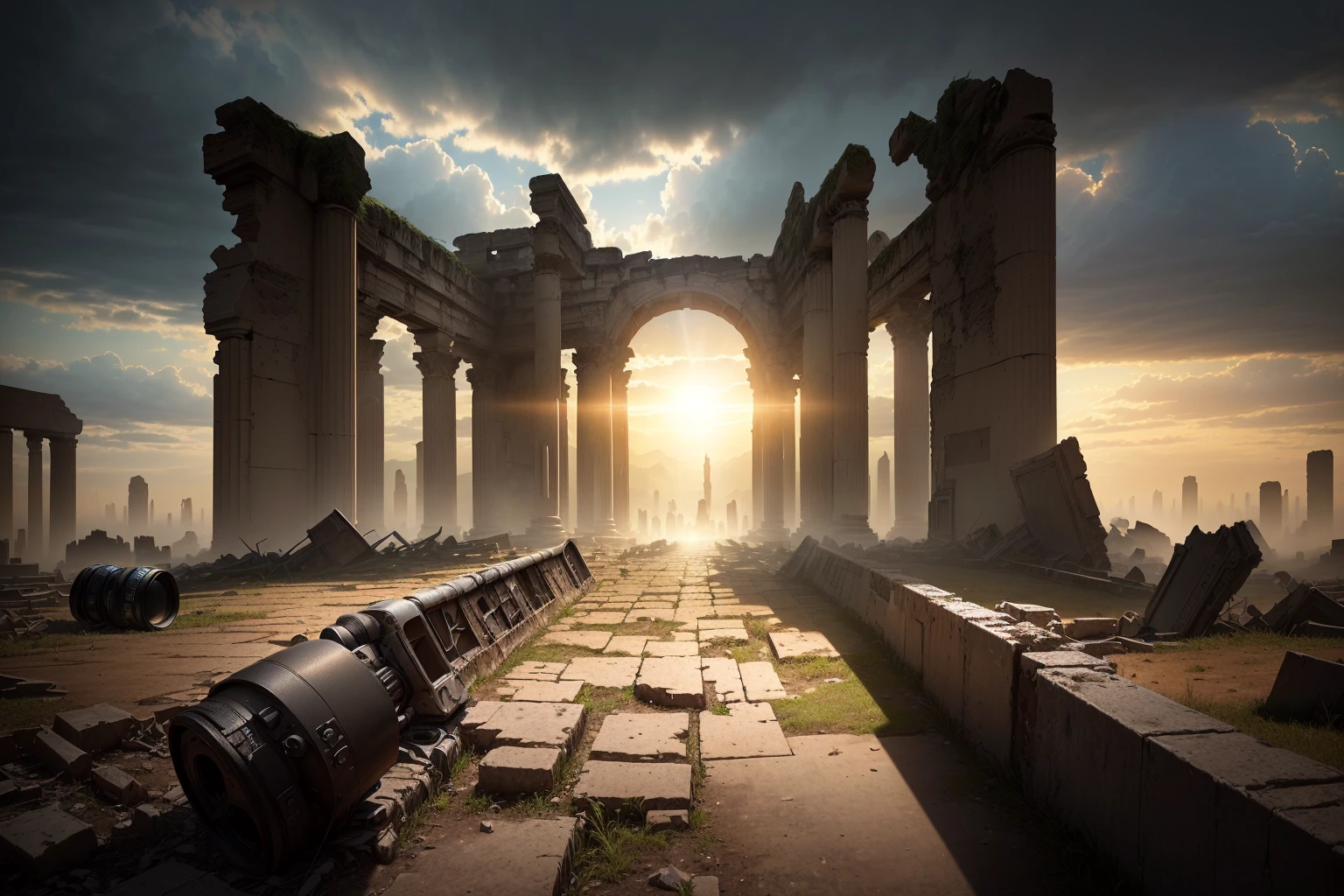 Photo taken from the ground in a ruined city，The sun shines through the clouds, Alexander Kucharsky, post apocalyptic ancient ruins, Epic cinematic matte painting, Symmetrical matte painting, dark ruins landscape, ancient ruins, Epic view of ancient ruins, ancient ruins background, dramatic cinematic composition, Ruins of ancient technology, dramatic concept art, Alexander Bogan , (low angle shot 1.8) ( Camera shot close to the ground 1.8 ）