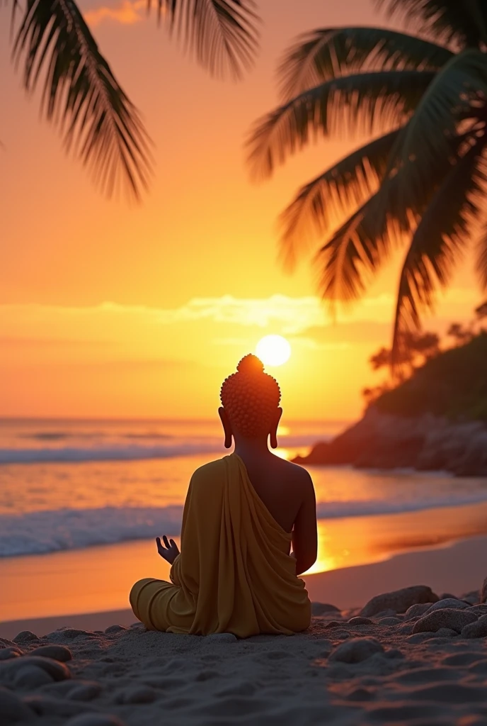 A Buddha meditating on a beach at sunset with sand, stones and palm trees around him people admired his wisdom