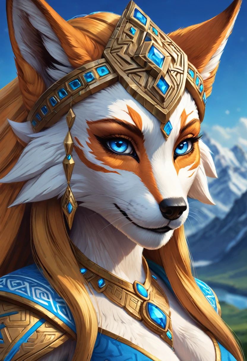 Anthropomorphic feminine kitsune enchantress. disk shaped ears, crystal blue eyes. Official Art – An Award-Winning Digital Masterpiece In 4K Ultra HD, Extreme Detail And Intricate Realism. Symmetrical Face. This Concept Art Brought To Life By The Hands Of Artists Like Wlop & Artgerm In A Stunning 2D Vector Illustration. Breath of the wild. Background Is A Panoramic Vista.