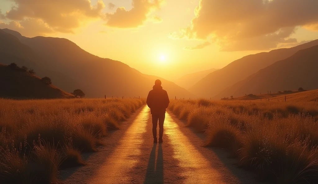 Create a highly realistic image of a person standing at the end of a long, winding path, symbolizing the journey of life. The person appears strong and at peace, looking towards a warm, glowing light in the distance, representing God's presence. The scene is set during the golden hour, with soft sunlight bathing the landscape. Along the path, there are symbolic elements such as a cross or an open Bible, representing the verse from 2 Timothy 4:7: 'Combati o bom combate, terminei a corrida, guardei a fé.' The overall atmosphere conveys a sense of fulfillment, faith, and divine comfort