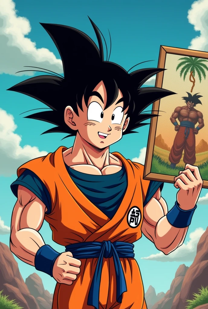 
happy goku holding a large painting with his hand, at the height of his chest
