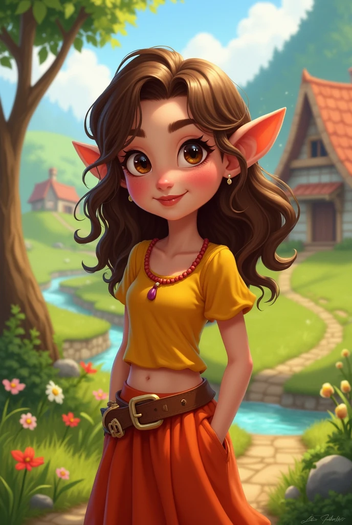 Make a Halfling character with wavy brown hair, brown eyes and simple clothes with bright colors and woman for rpg