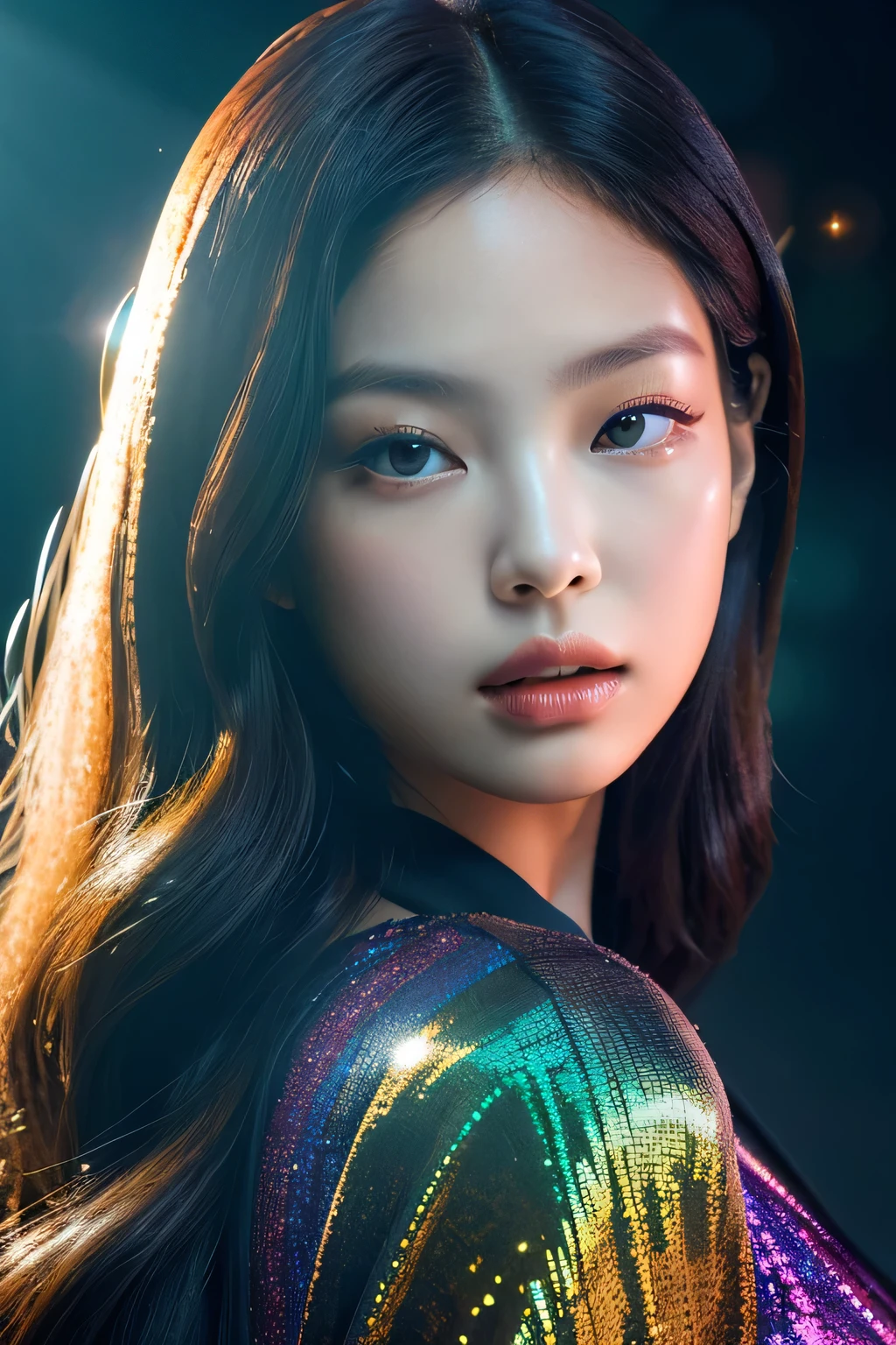 Kim jennie. a young woman with long dark hair, beautiful detailed eyes, beautiful detailed lips, extremely detailed face, longeyelashes, wearing a butterfly kimono, (best quality,4k,8k,highres,masterpiece:1.2),ultra-detailed,(realistic,photorealistic,photo-realistic:1.37),exquisite detail,intricate details,highly detailed,vivid colors,warm lighting,cinematic lighting,dramatic lighting, iridescence, dramatic angle, space, (floating colorful sparkles:1.3), Dramatic Lighting, Chiaroscuro, Evocative Depth. Portrait. Jennie