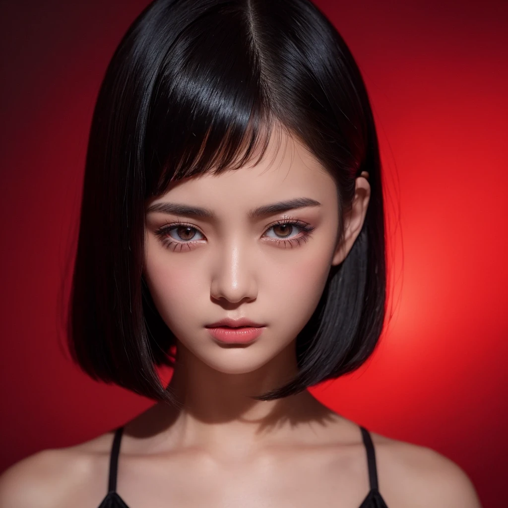Delicate and dainty young woman with shiny bob-cut black hair . She is wearing bright red. The background is a fantastic and ethereal night sky that seems to be haunted by a specter. Her expression is stern and atmospheric. Angle from directly below. face closeup