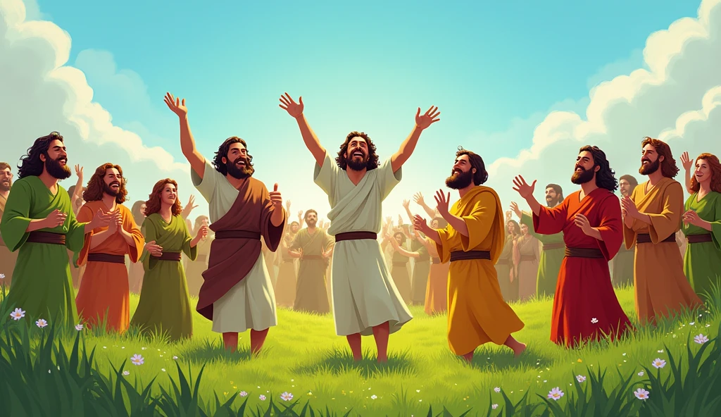 The Hebrews celebrating their freedom in a lush green field, with dances and music. Smiles and expressions of joy mark the scene, with vibrant colors and a clear blue sky in the background.