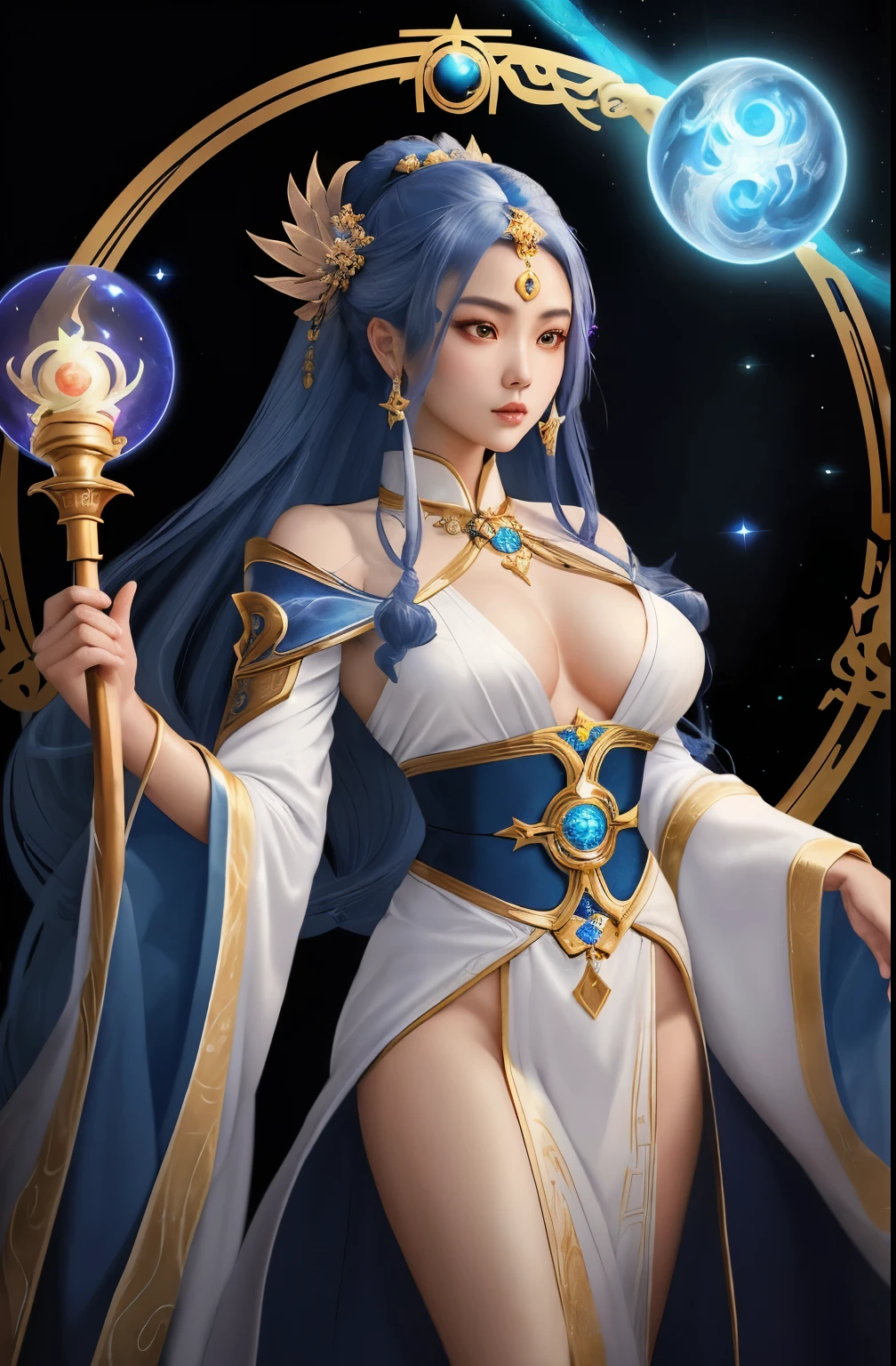 Create an image of a mystical female mage character named Luo Yi from the game Mobile Legends. She wears a white and gold robe adorned with blue gems and has a regal, ethereal appearance. She holds a staff with a glowing orb and geometric shapes floating around her, symbolizing her control over the elements of yin and yang. Her hair is styled elegantly, and her eyes convey wisdom and power. The background should be a dark mystical realm with swirling energy, emphasizing her connection to cosmic forces. Her chest was open and she was not wearing anything on her chest except her legs.