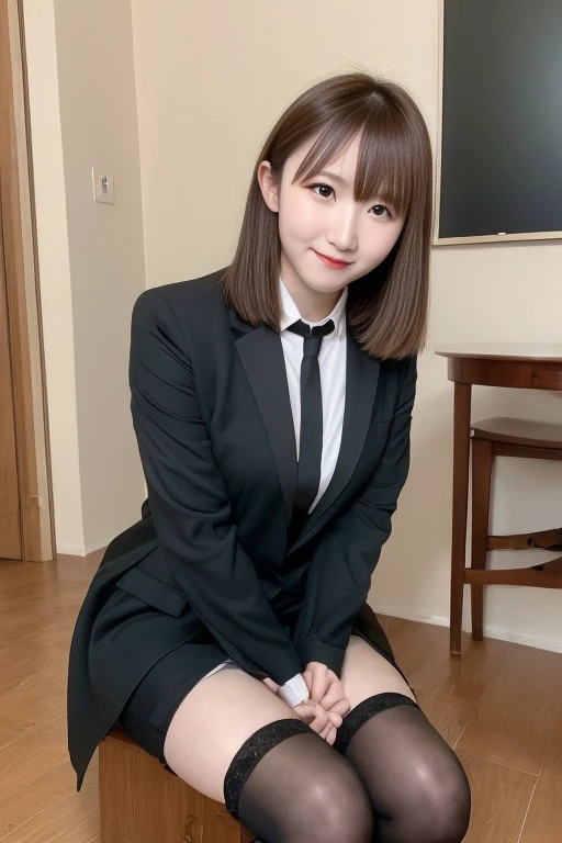 Tabletop, Highest quality, shape, Very detailed, finely, High resolution, 8k wallpaper,short hair、 完璧なダイナミックな構shape, Beautiful and beautiful eyes, suit，Natural color lip, smile、18-year-old girl，If you are wearing black tights or stockings、Two plump thighs、Shortcuts