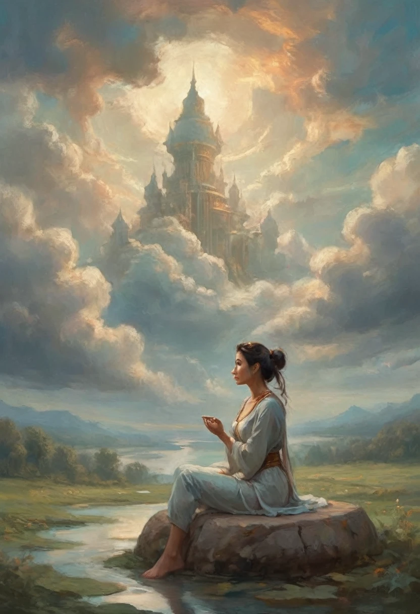 painting of a woman sitting in a lotus position in the clouds, inspired by Peter Mohrbacher, peter mohrbacher style, peter mohrbacher digital art, in the art style of mohrbacher, in style of peter mohrbacher, peter mohrbacher. unreal engine, surreal concept art, peter mohrbacher artstyle, style of peter mohrbacher