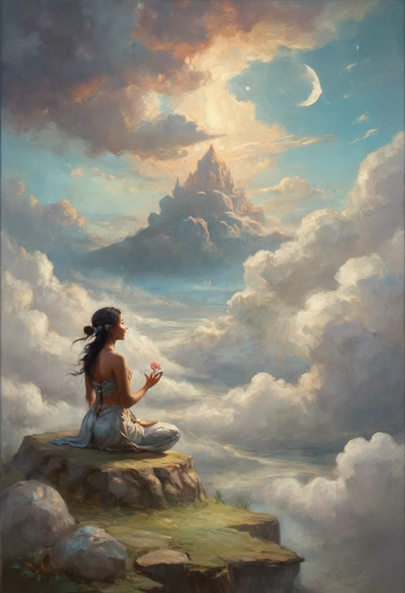 painting of a woman sitting in a lotus position in the clouds, inspired by Peter Mohrbacher, peter mohrbacher style, peter mohrbacher digital art, in the art style of mohrbacher, in style of peter mohrbacher, peter mohrbacher. unreal engine, surreal concept art, peter mohrbacher artstyle, style of peter mohrbacher