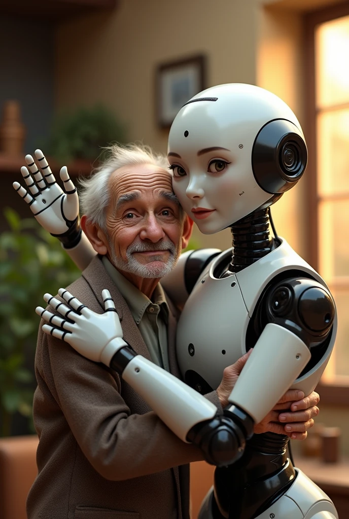 Robot that looks like a 24-year-old hugging an elderly man and waving for a photo